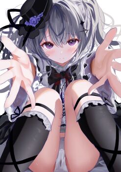 1girl acid_(maimai) black_ribbon blush bow closed_mouth dress flower frills gothic_lolita hair_ornament hat highres kneehighs knees_up lolita_fashion long_hair long_sleeves looking_at_viewer maimai_(game) muaa_(muamua231) outstretched_arm outstretched_hand panties purple_eyes reaching reaching_towards_viewer ribbon socks solo underwear white_panties