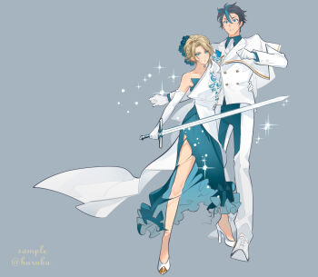 1boy 1girl black_hair blonde_hair blue_hair braid closed_mouth crown_braid double-parted_bangs dress earrings eiyuu_densetsu elaine_auclair elbow_gloves english_text formal_clothes full_body gloves green_dress grey_background hair_between_eyes hair_bun harukaka030 high_heels highres holding holding_sword holding_weapon jewelry kuro_no_kiseki_(series) looking_at_viewer multicolored_hair parted_bangs parted_lips simple_background single_hair_bun sparkle streaked_hair suit sword twitter_username two-tone_hair van_arkride weapon white_gloves white_suit
