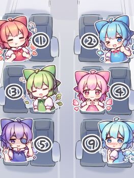 Rule 34 | 6+girls, :3, :d, ;3, ;d, ahoge, airplane interior, alternate color, blue bow, blue dress, blue eyes, blue hair, blush, bow, chibi, chibi only, circled 9, cirno, closed eyes, closed mouth, coa (chroo x), collared shirt, commentary request, cropped torso, detached wings, double-parted bangs, dress, eyepatch, flying sweatdrops, four-finger heart hands, green bow, green dress, green hair, green ribbon, hair bow, hand up, hapa cirno, heart, heart hands, heart in heart hands, highres, ice, ice wings, jitome, leaf wings, melting, multiple girls, neck ribbon, one eye closed, open mouth, outline, pinafore dress, pink bow, pink dress, pink eyes, pink hair, puff of air, purple dress, purple eyes, purple ribbon, red dress, red ribbon, ribbon, shirt, short hair, short sleeves, sleeveless, sleeveless dress, smile, squeans, tears, thumbs up, touhou, where are you sitting (meme), white outline, white shirt, wings