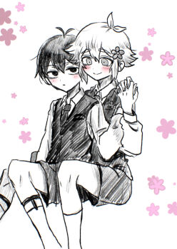 Rule 34 | 2boys, alternate costume, antenna hair, basil (faraway) (omori), basil (omori), blush, closed mouth, collared shirt, commentary request, double-parted bangs, flower, germany omori, greyscale, hair between eyes, hair flower, hair ornament, highres, holding hands, interlocked fingers, long sleeves, looking at another, male focus, monochrome, multiple boys, necktie, omori, shirt, shorts, sidelocks, smile, socks, spot color, sunny (omori), vest