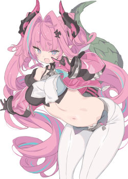 1girl arknights arknights:_endfield bare_shoulders black_gloves blade_(galaxist) blue_eyes crop_top detached_sleeves dragon_girl dragon_horns dragon_tail drill_hair gloves hair_intakes highres horns long_hair multicolored_gloves multicolored_hair navel pants pink_gloves pink_hair simple_background solo streaked_hair tail tight_clothes tight_pants twin_drills twintails two-tone_gloves two-tone_hair white_background white_pants yvonne_(arknights)