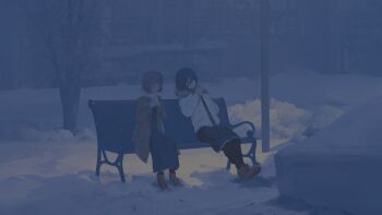 2girls absurdres asya_shubina black_pants blue_dress boots brown_coat brown_eyes cigarette closed_mouth coat commentary dress english_commentary expressionless full_body hair_between_eyes hands_up highres ira_grachevskaya long_bangs multiple_girls muted_color night on_bench outdoors pants pants_under_skirt scenery short_hair sitting skirt slice_of_life smoking snow tree white_coat winter xiaojian_(dgha2728) z.a.t.o._//_i_love_the_world_and_everything_in_it