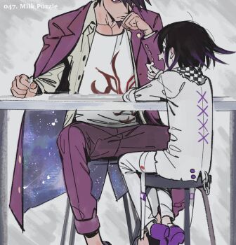 2boys black_hair buttons checkered_clothes checkered_scarf collared_jacket commentary cross-laced_jacket danganronpa_(series) danganronpa_v3:_killing_harmony english_commentary english_text facial_hair fang flipped_hair goatee hair_between_eyes highres holding_puzzle_piece jacket jigsaw_puzzle legs_apart long_sleeves male_focus medium_hair miri_(bossu_osu) momota_kaito multiple_boys oma_kokichi on_stool open_clothes open_mouth out_of_frame pants pectoral_cleavage pectorals print_shirt purple_eyes purple_facial_hair purple_hair puzzle puzzle_piece scarf shirt short_hair sitting size_difference smile space_print spiked_hair starry_sky_print stool table thigh_strap thinking two-tone_scarf