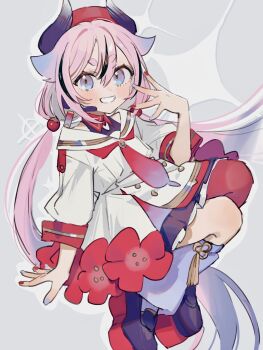 Rule 34 | 1other, a.i. voice, asymmetrical legwear, bare shoulders, beret, black dress, black horns, black streaks, blue eyes, blue leg warmers, blue nails, blush, buttons, collar, contrast collar, double-breasted, dress, flower, full body, gradient necktie, grey background, grin, gynoid talk, hand up, hat, headset, highres, horned hat, horns, layered dress, leg warmers, long hair, looking at viewer, low twintails, meika hime, multicolored hair, multicolored nails, nail polish, necktie, off-shoulder dress, off shoulder, pantyhose, pink hair, platform shoes, pleated dress, plum blossoms, puffy sleeves, red collar, red hat, red nails, red necktie, red pantyhose, sailor collar, shoes, short eyebrows, sidelocks, single leg pantyhose, single leg warmer, smile, solo, sparkle background, streaked hair, thick eyebrows, three-quarter sleeves, twintails, very long hair, white dress, yoshino ns