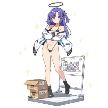 1girl bikini bikini_under_clothes black_bikini black_gloves black_shoes blue_archive box breasts cameltoe cardboard_box cleavage closed_mouth commentary_request covered_erect_nipples crossed_arms full_body gloves groin half_gloves halo hatsunatsu jacket long_hair long_sleeves looking_at_viewer medium_breasts micro_bikini navel off_shoulder open_clothes open_jacket partial_commentary puffy_long_sleeves puffy_sleeves purple_eyes purple_hair shoes simple_background small_sweatdrop solo sparkle standing standing_on_one_leg sweat swimsuit two_side_up v-shaped_eyebrows very_long_hair white_background white_jacket yuuka_(blue_archive)