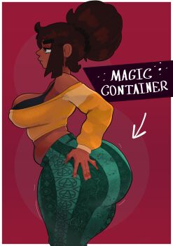 Rule 34 | 1girl, absurdres, brown hair, dand u, dark-skinned female, dark skin, english text, evil container (meme), forbidden pants, from side, green pants, highres, meme, mene (dand u), original, pants, skirt, solo, updo, yellow skirt