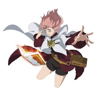 Rule 34 | 1girl, absurdres, black clover, black clover m: rise of the wizard king, book, brown bag, cape, fana (elf) (black clover), grimoire, highres, looking at viewer, non-web source, official art, open book, pointy ears, red eyes, simple background, solo, third eye, transparent background, white cape