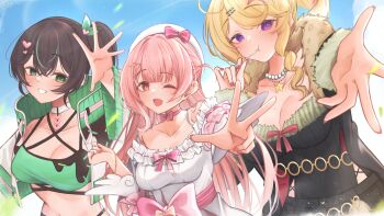 3girls absurdres animal_print beret blonde_hair blush bow bow_choker breasts brown_hair candy chest_bow choker commentary crop_top cropped_jacket cupid dress drill_hair drill_sidelocks english_commentary food green_eyes green_hair grey_hair gyaru hair_bow hair_ornament hat heart heart_hair_ornament heart_hairpin heartsync highres jewelry kumu_cotton locket(heartsync) lollipop looking_at_viewer miki_kokoa mole mole_on_breast multicolored_hair multiple_girls necklace parkiranhonda pearl_necklace pink_bow pink_eyes pink_hair pink_nails purple_eyes side_drill side_ponytail sidelocks siena_olena star_pendant strap streaked_hair two-tone_hair virtual_youtuber waist_bow white_choker white_dress
