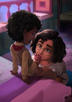 1boy 1girl absurdres age_difference antonio_madrigal black_hair brown_eyes censored dark-skinned_female dark-skinned_male dark_skin encanto fellatio hetero highres indoors mirabel_madrigal mosaic_censoring on_bed onee-shota oral penis round_eyewear shirt shota sitting vyzov_tv white_shirt