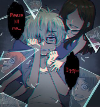 3girls 4boys animification black_hair blonde_hair broken_glass brown_hair buxley_krills chromatic_aberration crazy_smile crying crying_with_eyes_open dark-skinned_male dark_skin dress genzou_ichihara gidget_bordelle glass glass_shards glasses hat hunar_(our_wonderland) husband_and_wife iggy_maxwell long_hair mother_and_daughter multiple_boys multiple_girls orange_hair orlam_brewbacher our_wonderland ponytail red_eyes saydie_(our_wonderland) shaded_face shards short_hair smile tears white_hair ximsol182