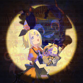 1girl absurdres apron basket bat_hair_ornament black_apron black_bow blonde_hair blue_eyes bow brick_wall candy character_doll collared_dress crazy_eyes crazy_grin different_shadow doll dress dual_persona evil_grin evil_smile fake_wings fangs food gloves glowing glowing_eyes graffiti grin hair_ornament hairclip happy_halloween happy_halloween_(vocaloid) highres holding holding_basket holding_candy holding_food irple jack-o'-lantern looking_at_viewer multicolored_hair necktie orange_bow orange_dress orange_eyes patch patchwork_clothes puffy_short_sleeves puffy_sleeves pumpkin purple_eyes purple_necktie short_necktie short_sleeves short_twintails sideways_glance smile solo song_name streaked_hair striped_bow striped_clothes striped_gloves torn_clothes torn_necktie twintails two-tone_bow vocaloid wing_hair_ornament wings