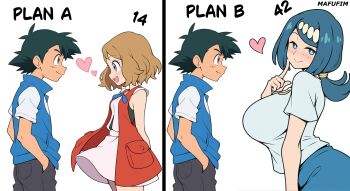 1boy 2girls absurdres age_difference ai-assisted ash_ketchum black_hair blue_eyes blue_hair blush breasts brown_eyes brown_hair comparison hands_in_pockets heart highres huge_breasts lana's_mother_(pokemon) mafufim multiple_girls nintendo pokemon pokemon_(anime) pokemon_the_series:_sun_&amp;_moon pokemon_the_series:_xy ponytail skirt smile tiara touching_own_face