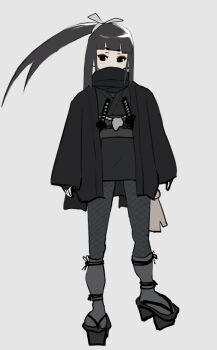 1girl armor arms_at_sides bad_id bad_pixiv_id black_eyes black_hair black_kimono black_pantyhose blunt_bangs eyeliner fishnet_pantyhose fishnets full_body geta grey_background grey_socks hair_ribbon haori high_ponytail highres japanese_armor japanese_clothes kimono kote light_blush long_hair long_sleeves looking_at_viewer makeup ninja obi obijime original pantyhose ponytail red_eyeliner ribbon sash scarf scarf_over_mouth sheath sheathed short_eyebrows short_kimono short_sword simple_background socks solo sqq standing sword tabi tantou weapon white_ribbon