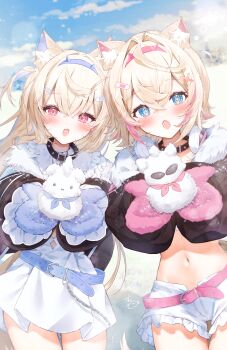 2girls absurdres animal_ear_fluff animal_ears bandaid bandaid_hair_ornament belt black_collar black_jacket blonde_hair blue_belt blue_eyes blue_streaks blush collar dog_ears dog_girl dress fang fur-trimmed_jacket fur_trim fuwawa_abyssgard fuwawa_abyssgard_(1st_costume) hair_ornament hairpin hashtag-only_commentary highres holding_snowman hololive hololive_english jacket long_hair medium_hair mococo_abyssgard mococo_abyssgard_(1st_costume) multicolored_hair multiple_girls neru5 open_mouth outdoors pink_belt pink_eyes pink_streaks shorts skin_fang spiked_collar spikes streaked_hair two_side_up very_long_hair virtual_youtuber white_dress white_shorts x_hair_ornament