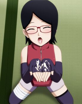 1girl black_hair blush boruto:_naruto_next_generations boruto_(series) circle_anco closed_eyes cum cum_in_mouth glasses naruto_(series) open_mouth short_hair solo uchiha_sarada
