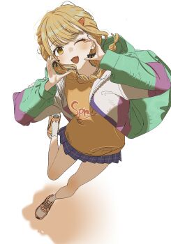 1girl ;d bad_id bad_twitter_id black_ribbon blonde_hair blush braid fang fujita_kotone full_body gakuen_idolmaster green_jacket hair_ornament hair_ribbon hands_up highres idolmaster jacket long_hair long_sleeves looking_at_viewer low_twin_braids maiko_(machael89642677) miniskirt multicolored_jacket one_eye_closed open_clothes open_jacket open_mouth orange_shoes plaid_clothes plaid_skirt print_shirt purple_jacket purple_skirt ribbon shadow shirt shoes simple_background skin_fang skirt smile sneakers socks solo standing standing_on_one_leg twin_braids white_background white_jacket white_socks yellow_eyes yellow_shirt