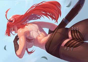 1girl abs ahoge back back_focus back_muscles bandaged_arm bandages bare_shoulders blue_background blue_sky breasts brown_chaps brown_shorts buttslayer commentary commission cowboy_shot crop_top dutch_angle english_commentary eris_greyrat falling_leaves floating_hair from_behind headband highres leaf long_hair muscular muscular_female mushoku_tensei profile red_eyes red_hair scabbard sheath shiny_skin shorts sky solo sweat sword weapon