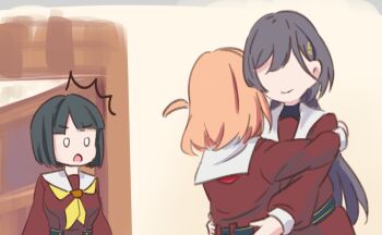 0_0 3girls ^^^ absurdres black_hair blunt_bangs blunt_ends bob_cut breasts brown_dress closed_mouth commentary_request d: dress hasu_no_sora_school_uniform highres hinoshita_kaho hug jellyfish_cut katsuragi_izumi link!_like!_love_live! long_hair long_sleeves looking_at_another love_live! medium_breasts medium_hair momose_ginko multiple_girls neckerchief no_eyes open_mouth orange_hair red_neckerchief sailor_collar sailor_dress school_uniform short_hair smile tamako_(panann9) two_side_up virtual_youtuber white_sailor_collar winter_uniform yellow_neckerchief