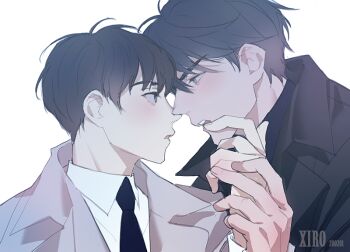 2boys artist_name black_coat black_eyes black_hair black_necktie black_shirt coat collared_shirt commentary_request from_side holding_hands kim_dokja korean_commentary looking_at_another male_focus multiple_boys necktie noses_touching omniscient_reader&#039;s_viewpoint open_clothes open_coat open_mouth popped_collar shirt short_hair upper_body white_coat white_shirt xiro yoo_joonghyuk