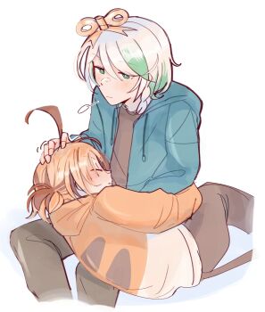 Rule 34 | 2girls, ahoge, blue hoodie, brown hair, brown pants, brown shirt, brown streaks, cecilia immergreen, commentary, gigi murin, green eyes, green streaks, hand in another's hair, hand on another's head, highres, hololive, hololive english, hood, hoodie, lying on lap, multiple girls, orange hoodie, pants, shirt, simple background, sticker sr, untranslatable commentary, virtual youtuber, white background, white hair, winding key, yuri