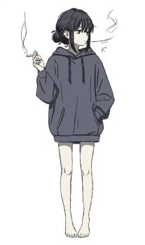 1girl bare_legs barefoot black_eyes black_hair blowing_smoke cho_kaguya-hime! cigarette commentary_request corn_20 drawstring expressionless facing_viewer full_body grey_hoodie hair_between_eyes hair_bun hand_in_pocket highres holding holding_cigarette hood hood_down hoodie long_sleeves looking_to_the_side muted_colors no_pants sakayori_iroha short_hair sidelocks simple_background single_hair_bun smoke smoke_trail smoking solo standing turning_head white_background