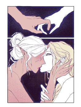 Rule 34 | 2girls, baldur's gate, baldur's gate 3, blank eyes, blonde hair, blood, blood from mouth, blood on face, border, chinese commentary, colored skin, crutch c, fingernails, from side, hair bun, hand on another's arm, hand on another's face, highres, imminent hand holding, kiss, long fingernails, minthara, multiple girls, multiple views, no eyes, orin the red, profile, short hair, single hair bun, upper body, white border, white hair, white skin, yuri