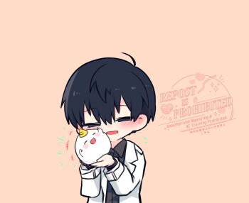 1boy ahoge animal biyoo_(omniscient_reader&#039;s_viewpoint) black_eyes black_hair black_shirt chibi chibi_only coat collared_shirt commentary english_commentary hair_between_eyes half-closed_eyes holding holding_animal kim_dokja kimidori_22 male_focus motion_lines nuzzle omniscient_reader&#039;s_viewpoint open_clothes open_coat open_mouth shirt short_hair solo white_coat