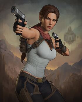 1girl absurdres backpack bag belt black_pants braid breasts brown_bag brown_eyes brown_hair brown_shorts cleavage cliff clip_studio_paint_(medium) commentary dalejomej english_commentary facing_to_the_side finger_on_trigger fingerless_gloves gloves grey_tank_top gun handgun highres holding holding_gun holding_weapon holster jungle lara_croft lips looking_ahead m1911 mountain mountainous_horizon nature official_alternate_costume outdoors pants parted_bangs partially_shaded_face realistic red_scarf scarf shadow shorts signature simple_background single_braid solo solo_focus tank_top thigh_holster thigh_strap tomb_raider upper_body weapon