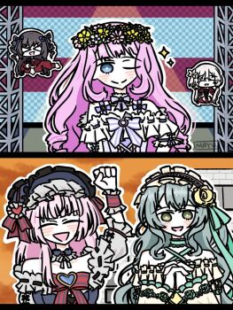 &gt;_&lt; 5girls :d ;) ^_^ aqua_hair artist_name assault_lily bare_shoulders black_bonnet black_dress black_hair blue_eyes blue_ribbon bonnet bow bowtie brown_sailor_collar building chibi chibi_inset closed_eyes collar cropped_torso dress dress_bow drill_hair evening facing_viewer flower flower_wreath frilled_bonnet frilled_hairband frilled_sleeves frills green_collar green_eyes green_hair green_ribbon grey_collar grey_hair grey_ribbon hair_flower hair_ornament hair_ribbon hairband head_wreath heart heart_hair_ornament holding holding_microphone kanba_girls_high_school_uniform lolita_fashion lolita_hairband long_sleeves looking_at_viewer low_twintails mayu_(yu_e1602) microphone multiple_girls neck_ribbon necktie off-shoulder_dress off_shoulder official_alternate_costume official_alternate_hairstyle one_eye_closed open_mouth outdoors outline pink_flower purple_bow purple_bowtie purple_dress red_shirt ribbon ribbon-trimmed_dress ribbon_trim sadamori_himeka sailor_collar school_uniform serafuku shiozaki_suzume shirt short_necktie short_sleeves sidelocks smile sparkle spot_color spotlight stage striped_bow striped_bowtie striped_clothes tamba_akari toki_kureha twin_drills twintails two_side_up upper_body v-shaped_eyebrows white_bow white_bowtie white_flower white_necktie white_outline wrist_cuffs yellow_dress yellow_flower yellow_hairband yokota_haruna