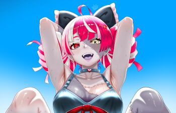 1girl absurdres ahoge armpits arms_behind_head arms_up blush breasts choker colored_skin double_bun fangs grey_skin hair_bun heart heart_choker heterochromia highres hololive hololive_indonesia knees_up kureiji_ollie large_breasts looking_at_viewer multicolored_hair netorigame open_mouth patchwork_skin presenting_armpit red_eyes red_hair smile solo stitched_arm stitched_face stitched_torso stitches sweat virtual_youtuber white_hair yellow_eyes zombie