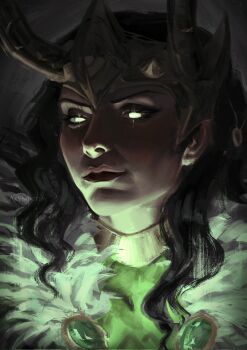 1girl akynoctua alternate_form black_hair cape commentary curly_hair dark fake_horns fur-trimmed_cape fur_trim gem glowing glowing_eyes green_eyes green_gem grey_background halterneck highres horned_headwear horns lady_loki loki_(marvel) long_hair looking_at_viewer marvel marvel_rivals official_alternate_design portrait realistic solo thor_(marvel)_(series)
