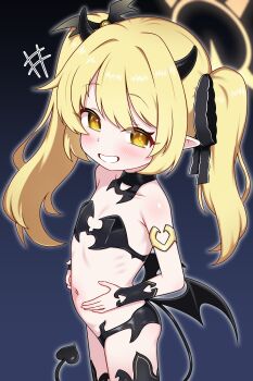 1girl absurdres black_horns black_tail black_wings blonde_hair blue_archive blush commentary_request demon_girl demon_horns demon_tail demon_wings flat_chest grin halo highres horns ibuki_(blue_archive) korean_commentary loli long_hair looking_at_viewer navel pointy_ears smile solo tail twintails wings yellow_eyes yellow_halo zing_(z_z_zing)