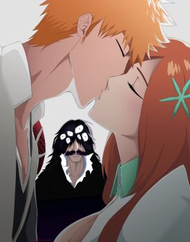 1girl 2boys bleach bleach:_sennen_kessen-hen breasts cleavage cleavage_cutout clothing_cutout hair_ornament inoue_orihime kiss kurosaki_ichigo long_hair multiple_boys short_hair tagme yhwach