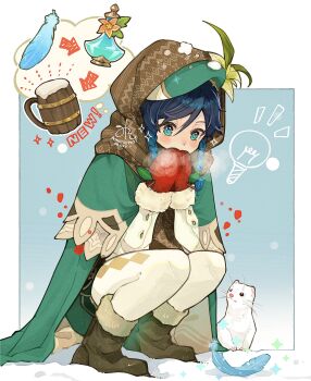 1boy absurdres alcohol aqua_eyes aqua_hair arrow_(symbol) beret black_hair blue_background blush boots border braid breath brown_boots brown_headscarf brown_scarf cape capelet cold commentary_request covering_own_mouth cup feathers flask flower fur-trimmed_boots fur-trimmed_mittens fur_trim genshin_impact gradient_hair green_cape green_capelet green_hat green_shorts hair_between_eyes hair_flower hair_ornament hands_up hat headscarf highres idea light_bulb long_sleeves looking_down male_focus medium_hair misoshiru_umai4 mittens multicolored_hair notice_lines outside_border pantyhose parted_bangs potion puffy_shorts red_mittens scarf scarf_on_head shirt short_shorts shorts side_braids simple_background snow snow_on_head solo sparkle speech_bubble squatting swept_bangs tankard thought_bubble twin_braids venti_(genshin_impact) weasel white_border white_flower white_pantyhose white_shirt