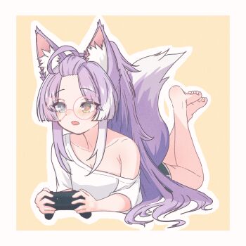 1girl absurdres ahoge animal_ear_fluff animal_ears armpit_crease bangs_pinned_back barefoot blue_eyes blush border chaeeunhan124 collarbone commentary_request controller dot_nose forehead foreshortening full_body game_controller glasses hair_spread_out heterochromia highres holding holding_controller holding_game_controller korean_commentary legs_up long_hair lying off-shoulder_shirt off_shoulder on_stomach open_mouth orange_background orange_eyes outline pink-framed_eyewear purple_hair round_eyewear shirt short_sleeves simple_background single_bare_shoulder solo stellive tail tenko_shibuki variant_set virtual_youtuber white_border white_outline white_shirt