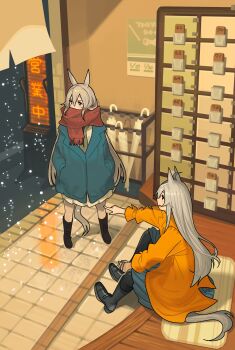 2girls absurdres ahoge alternate_costume animal_ears ashinowoto black_boots blue_coat blue_eyes blue_skirt blush boots coat grey_hair grey_tail hair_between_eyes hands_in_pockets highres horse_ears horse_girl horse_tail long_hair long_sleeves multicolored_hair multiple_girls oguri_cap_(umamusume) open_mouth orange_coat pointing red_scarf scarf scarf_over_mouth shirt sitting skirt smile snowing standing tail tamamo_cross_(umamusume) tying_footwear umamusume umbrella umbrella_stand very_long_hair white_skirt