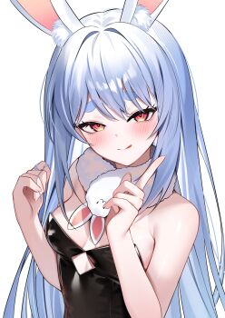 1girl :q absurdres animal_ears black_leotard blue_hair blush breasts cleavage commentary_request don-chan_(usada_pekora) highres hololive leotard long_hair looking_at_viewer medium_breasts naughty_face rabbit_ears rabbit_girl red_eyes shuvi_(shuvi1125) simple_background solo tongue tongue_out upper_body usada_pekora virtual_youtuber white_background