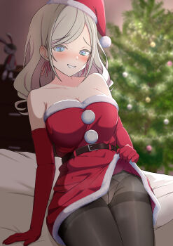 1girl absurdres bare_shoulders bed_sheet belt black_pantyhose blue_eyes blurry blurry_background blush breasts brown_hair ceras_yanagida_lilienfeld chest_of_drawers christmas_tree clothes_lift collarbone commentary_request elbow_gloves gloves grin hair_ribbon half-closed_eyes hat highres large_breasts lifting_own_clothes link!_like!_love_live! long_hair looking_at_viewer looking_down love_live! on_bed panties pantyhose ribbon santa_costume santa_hat see-through_clothes sitting smile solo stuffed_toy underwear wavy_hair zanpon