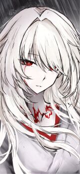 1girl absurdres acheron_(honkai:_star_rail) acheron_(izumo)_(honkai:_star_rail) blood bloody_tears commentary cracked_skin grey_background hair_over_one_eye highres honkai:_star_rail honkai_(series) japanese_clothes kimono long_hair pale_skin parted_lips rain red_eyes solo susprin very_long_hair