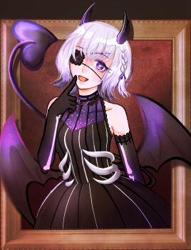 1girl bare_shoulders black_dress black_gloves black_horns black_tail black_wings bone braid bright_pupils commentary_request covered_collarbone cowboy_shot cross cross_print demon_girl demon_horns demon_tail demon_wings devil&#039;s_whisper_(shining_nikki) dress eyelashes eyepatch eyeshadow finger_to_cheek gloves hair_ribbon happy highres horns lace lace-trimmed_gloves lace_trim light_blush lips looking_at_viewer makeup medical_eyepatch nikki_(series) open_mouth outside_border painterly picture_frame pink_lips print_gloves purple_eyes purple_eyeshadow purple_ribbon red_background ribbon saijo_pict shining_nikki short_hair side_braid single_braid sleeveless sleeveless_dress smile solo striped_clothes striped_dress tail vertical-striped_clothes vertical-striped_dress white_hair white_pupils wings