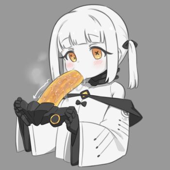 1girl basukechi blue_archive blush cropped_torso dildo dildo_under_mask dress ein_(blue_archive) fellatio flat_chest grey_background loli long_hair long_sleeves mask oral respirator sex_toy simple_background simulated_fellatio solo upper_body white_dress white_hair wide_sleeves yellow_eyes