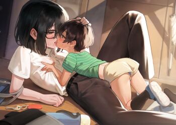 2boys absurdres age_difference black-framed_eyewear black_eyes black_hair blue_eyes boy_on_top brown_pants commentary_request eye_contact french_kiss glasses green_shirt hakusyokuto highres kiss looking_at_another male_focus multiple_boys onii-shota original pants saliva shirt short_hair shorts shota trap white_shirt yaoi yellow_shorts