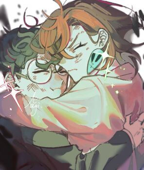 1boy 1girl alien arm_around_back arm_around_neck ayase_momo battle_damage black_hair black_jacket brown_hair bruise bruise_on_face closed_eyes closed_mouth commentary dandadan debris earrings from_side gakuran glasses glint hair_behind_ear hand_on_another&#039;s_back heads_together highres hug injury jacket jewelry kami_high_school_uniform long_sleeves n_nagi3 pink_sweater profile round_eyewear school_uniform short_hair signature sweater takakura_ken_(dandadan) upper_body