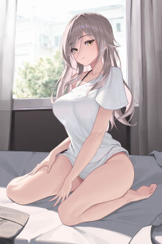 1girl absurdres bottomless bowlp bra_strap breasts closed_mouth curtains day grey_hair highres honkai:_star_rail honkai_(series) indoors large_breasts long_hair looking_at_viewer on_bed shirt single_off_shoulder sitting skirt solo stelle_(honkai:_star_rail) trailblazer_(honkai:_star_rail) unworn_skirt wariza white_shirt yellow_eyes