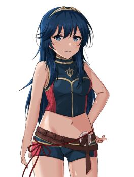 1girl bare_arms bikini bikini_shorts blue_eyes blue_hair blue_shorts breasts closed_mouth commentary_request cowboy_shot fire_emblem fire_emblem_awakening fire_emblem_cipher gluteal_fold hand_on_own_hip long_hair looking_at_viewer lucina_(cipher_swimsuit)_(fire_emblem) lucina_(fire_emblem) midriff navel nintendo official_alternate_costume short_shorts shorts small_breasts solo swimsuit thighs tiara vankin very_long_hair white_background