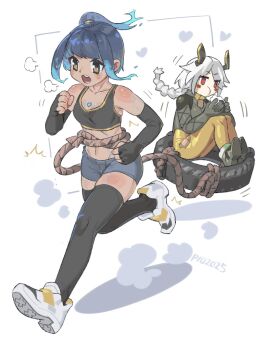 2girls andorlier black_gloves black_thighhighs blue_hair blue_shorts blush body_markings breath brown_eyes chewing commentary crop_top elbow_gloves fiery_hair fingerless_gloves food gloves glowing_lines glowing_markings heart highres holding holding_food long_hair multiple_girls navel red_eyes rope running segiri_(xenoblade) sena_(xenoblade) shoes shorts side_ponytail sidelocks sitting sneakers thighhighs unused_tire white_background white_hair white_shoes xenoblade_chronicles_(series) xenoblade_chronicles_3
