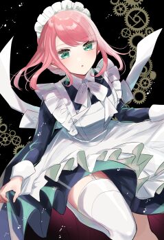 1girl akimoto_aki apron clothes_lift gears green_eyes highres kikaijikake_no_marie maid maid_apron maid_headdress marie_(kikaijikake_no_marie) pink_hair skirt skirt_lift thighhighs