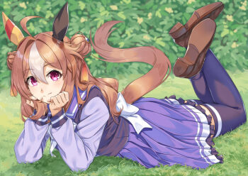 1girl animal_ears brown_hair brown_shoes closed_mouth commentary_request copano_rickey_(umamusume) double_bun ear_covers fang hair_between_eyes hair_bun head_rest horse_ears horse_girl horse_tail long_hair long_sleeves looking_at_viewer lying miri_(ago550421) on_grass on_stomach pleated_skirt purple_eyes purple_sailor_collar purple_shirt purple_thighhighs sailor_collar shirt shoes skin_fang skirt smile solo tail thighhighs umamusume white_hair zettai_ryouiki