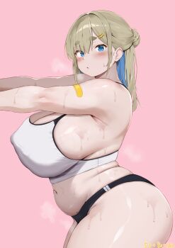 1girl :o ass aymusk bandaid bandaid_on_arm black_buruma blonde_hair blue_hair blush breasts buruma cleavage colored_inner_hair commentary_request covered_erect_nipples double_vertical_stripe freckles freckles-chan_(aymusk) hair_ornament hairclip highres huge_breasts long_hair looking_at_viewer multicolored_hair navel original pink_background plump sidelocks simple_background solo sports_bikini sports_bra stomach sweat thick_eyebrows thick_thighs thighs track_and_field two-tone_hair white_sports_bra