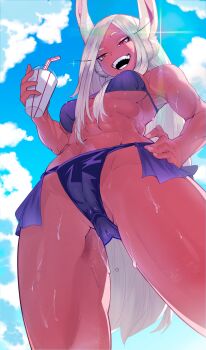 1girl :d abs absurdres animal_ears bikini blue_sky boku_no_hero_academia breasts clauschristmas cloud cloudy_sky commentary dark-skinned_female dark_skin drink drinking_straw english_commentary from_below hair_between_breasts hand_on_own_hip highres holding holding_drink large_breasts long_eyelashes long_hair looking_at_viewer mirko navel open_mouth parted_bangs purple_bikini rabbit_ears rabbit_girl raised_eyebrow red_eyes sky smile solo stomach sunlight sweat swimsuit teeth thick_thighs thighs toned toned_female very_long_hair wet white_hair